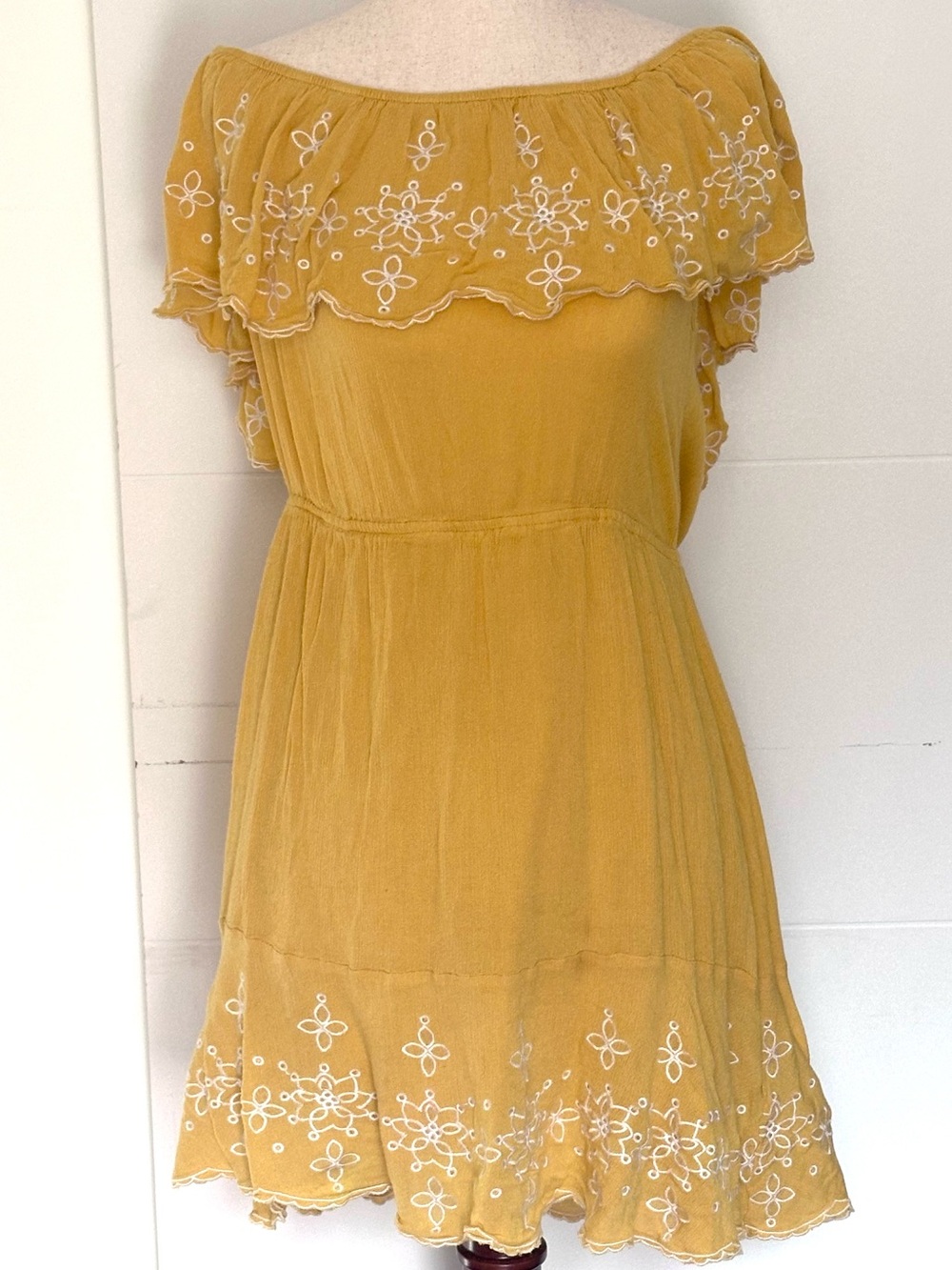 Lulus Yellow Embroidered Off Shoulder Ruffle Dress Medium